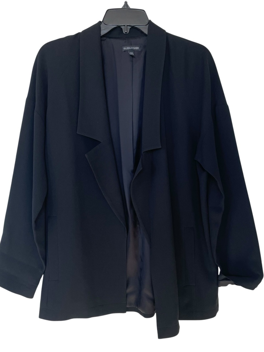 Eileen Fisher Black Open-Front Relaxed Silk Blazer